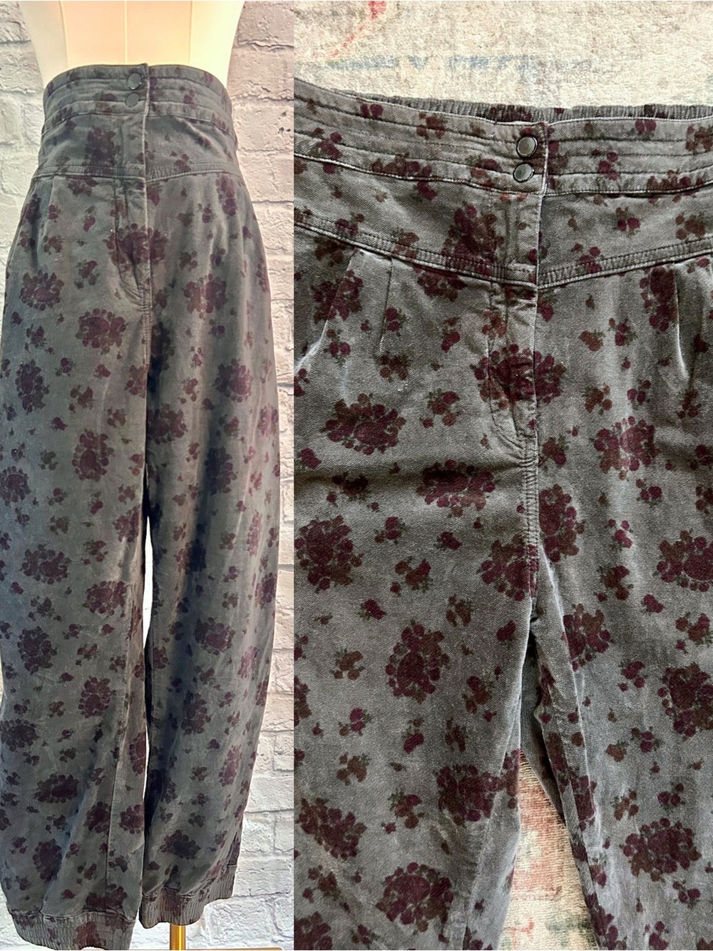 Anthropologie Velvet Pants Grey Purple Floral Crop Tapered Leg High Rise Fall